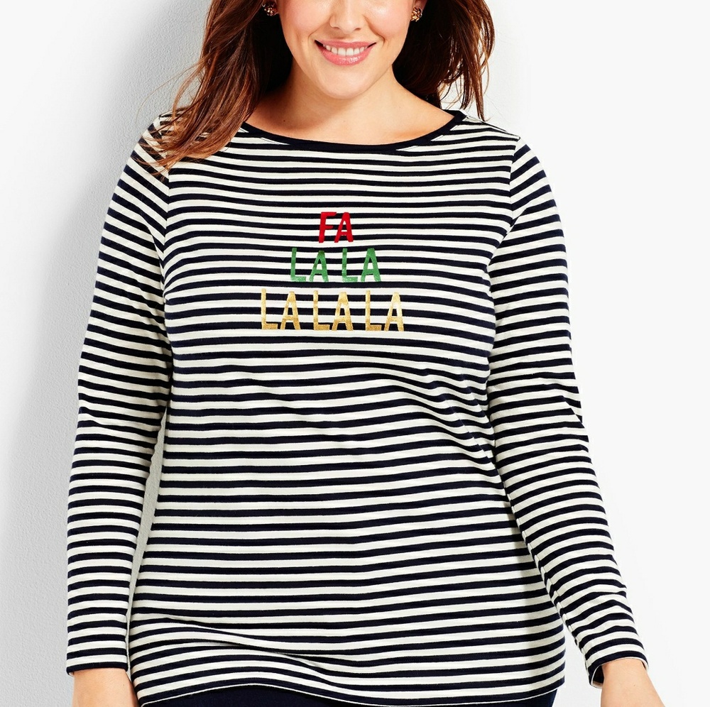 Talbots Christmas Fa La La Striped Long Sleeve Tee
